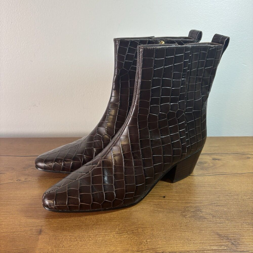 J.Crew Womens 9.5 Croc-Embossed Leather Ankle Zip Boots Dark Walnut Retail $278